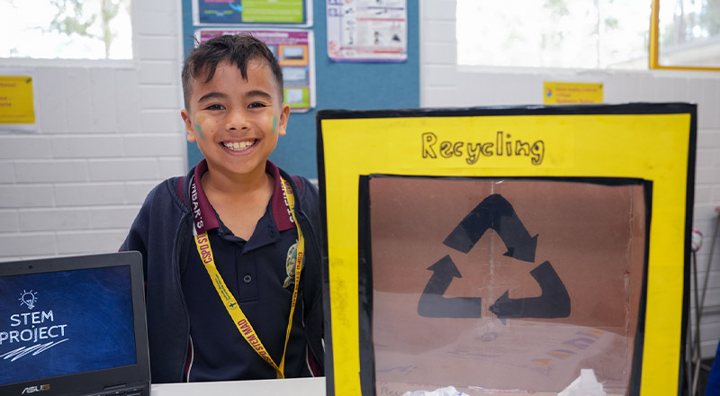 Student with his STEM project at St Finbar's Primary School Glenbrook